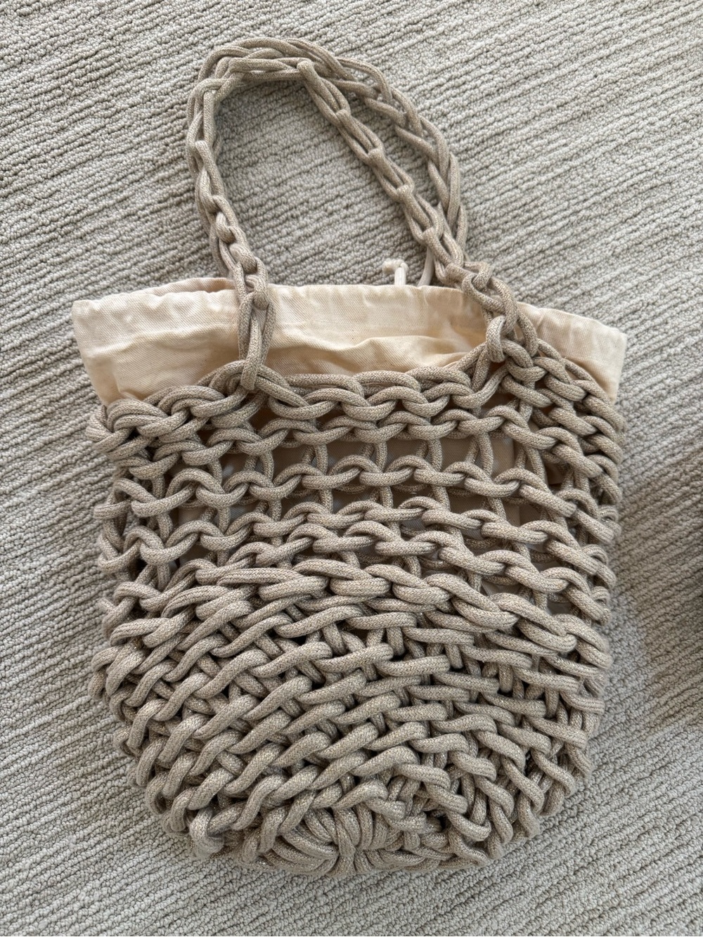 Handwoven Beige Crochet Tote with Inner Cream Lining